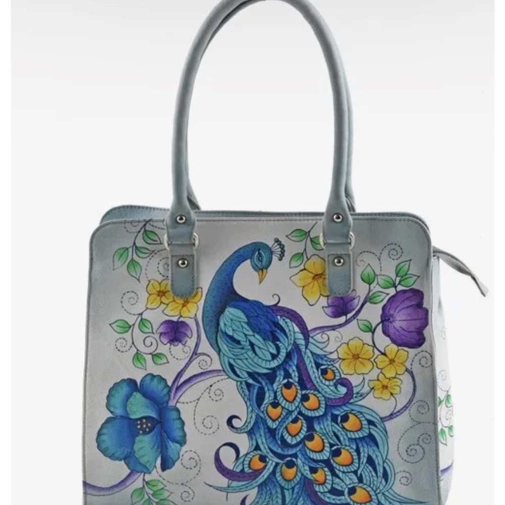 SUKRITI Blue 100% Genuine Leather Hand Painted Peacock Shoulder Bag Handbag